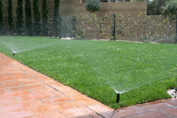 Pop-up lawn sprinklers watering a garden in Bangalore